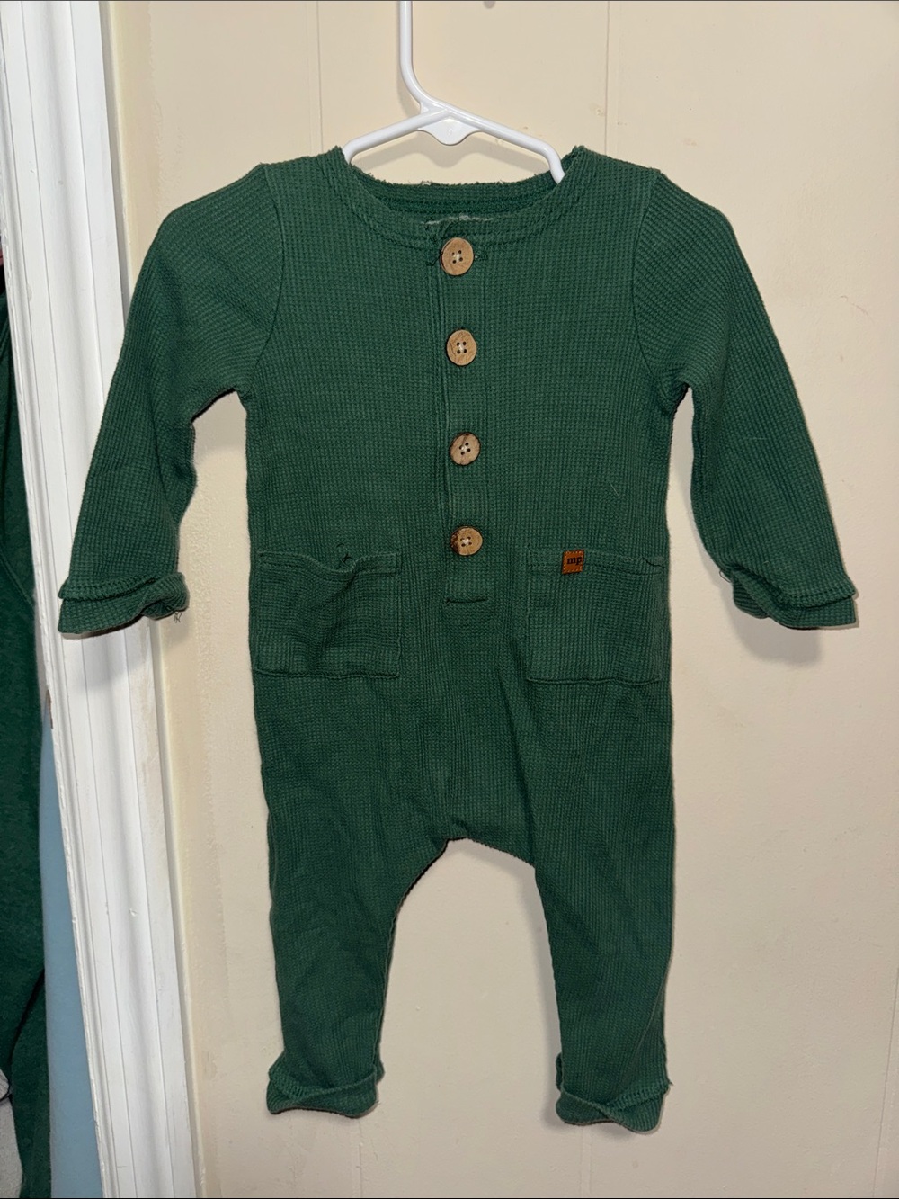 Mud Pie Forest Green Waffle Knit One-Piece with Wooden Buttons